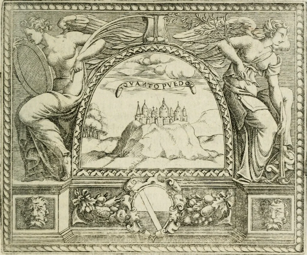 An illustration from Le imprese illustri : con espositioni et discorsi del Sor Ieronimo Ruscelli : al serenissimo et sempre felicissimo re Catolico Filippo D'Austaria : con la giunta di altre imprese tutto riordinato et corretto da Fran.co Patritio, 1572, leaf 518