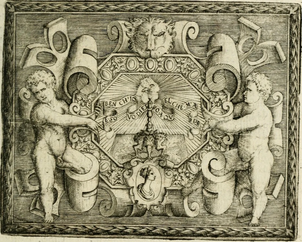 An illustration from Le imprese illustri : con espositioni et discorsi del Sor Ieronimo Ruscelli : al serenissimo et sempre felicissimo re Catolico Filippo D'Austaria : con la giunta di altre imprese tutto riordinato et corretto da Fran.co Patritio, 1572, leaf 520