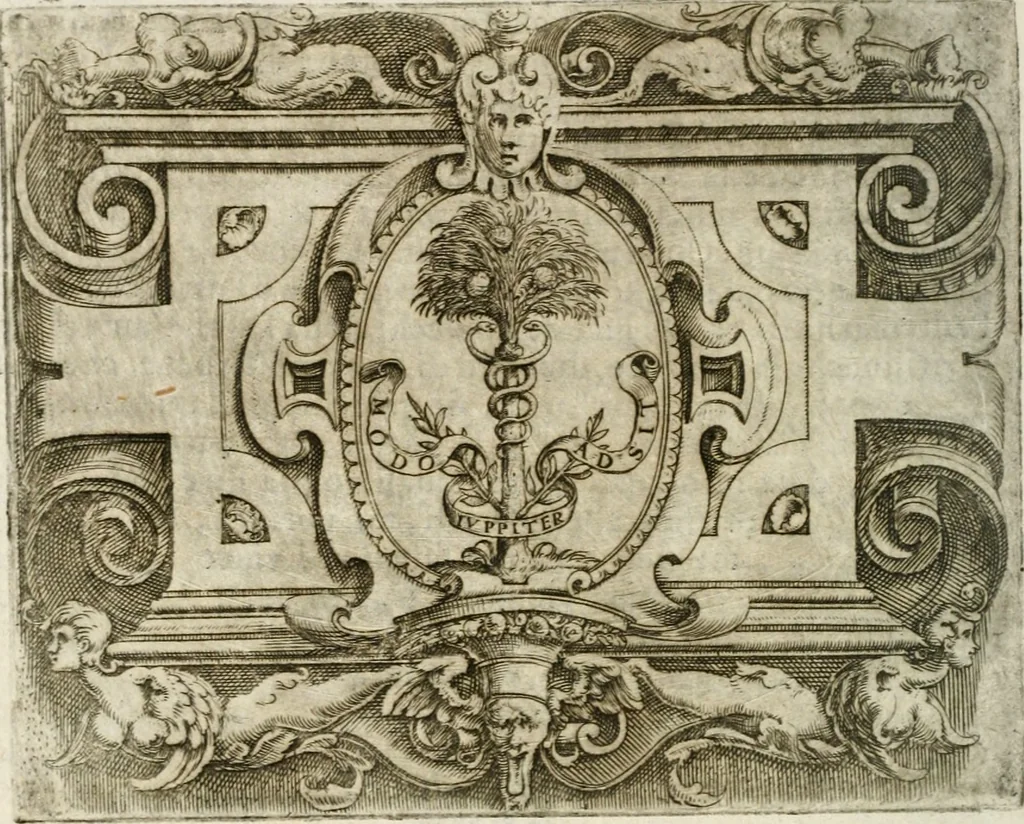 An illustration from Le imprese illustri : con espositioni et discorsi del Sor Ieronimo Ruscelli : al serenissimo et sempre felicissimo re Catolico Filippo D'Austaria : con la giunta di altre imprese tutto riordinato et corretto da Fran.co Patritio, 1572, leaf 525