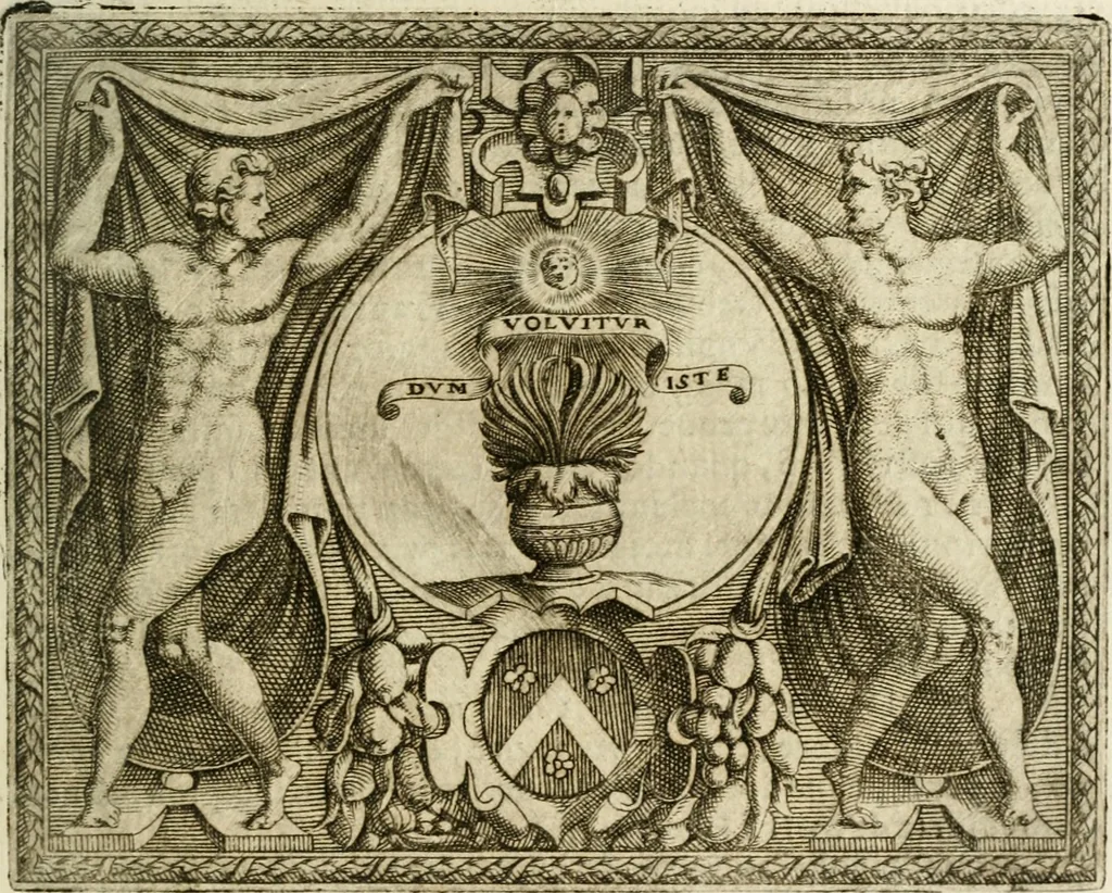 An illustration from Le imprese illustri : con espositioni et discorsi del Sor Ieronimo Ruscelli : al serenissimo et sempre felicissimo re Catolico Filippo D'Austaria : con la giunta di altre imprese tutto riordinato et corretto da Fran.co Patritio, 1572, leaf 528