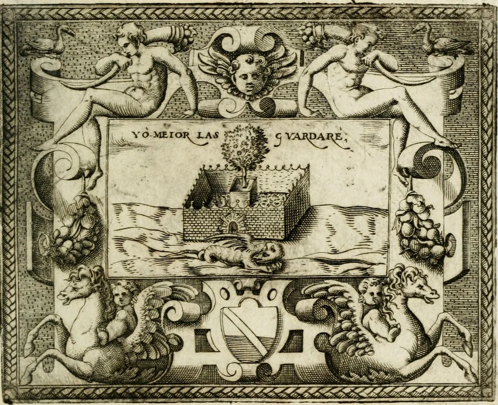 An illustration from Le imprese illustri : con espositioni et discorsi del Sor Ieronimo Ruscelli : al serenissimo et sempre felicissimo re Catolico Filippo D'Austaria : con la giunta di altre imprese tutto riordinato et corretto da Fran.co Patritio, 1572, leaf 552