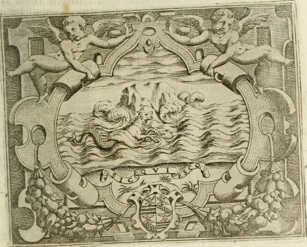 An illustration from Le imprese illustri : con espositioni et discorsi del Sor Ieronimo Ruscelli : al serenissimo et sempre felicissimo re Catolico Filippo D'Austaria : con la giunta di altre imprese tutto riordinato et corretto da Fran.co Patritio, 1572, leaf 554