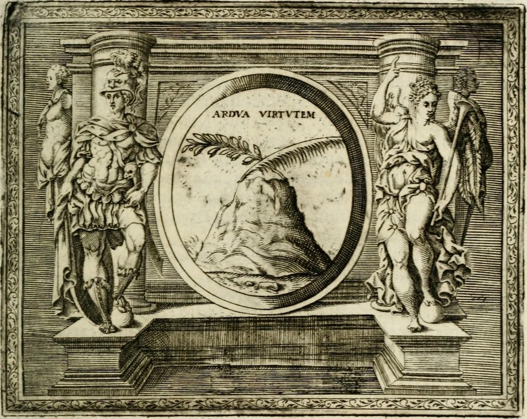 An illustration from Le imprese illustri : con espositioni et discorsi del Sor Ieronimo Ruscelli : al serenissimo et sempre felicissimo re Catolico Filippo D'Austaria : con la giunta di altre imprese tutto riordinato et corretto da Fran.co Patritio, 1572, leaf 570