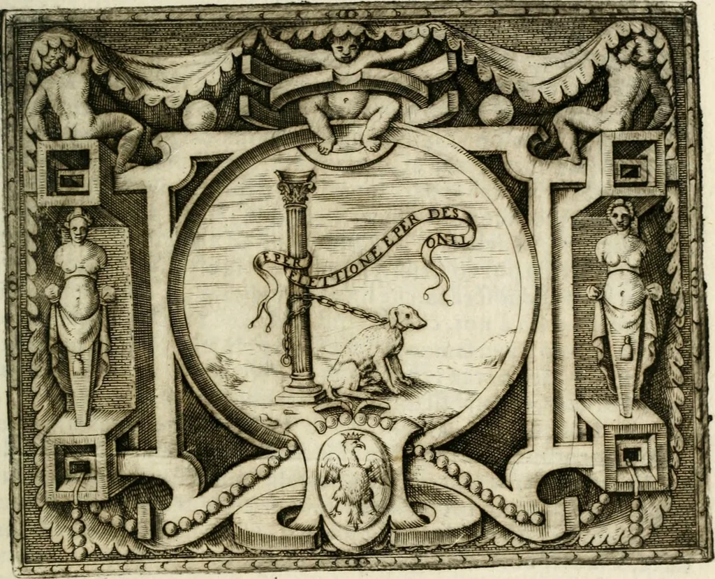 An illustration from Le imprese illustri : con espositioni et discorsi del Sor Ieronimo Ruscelli : al serenissimo et sempre felicissimo re Catolico Filippo D'Austaria : con la giunta di altre imprese tutto riordinato et corretto da Fran.co Patritio, 1572, leaf 574