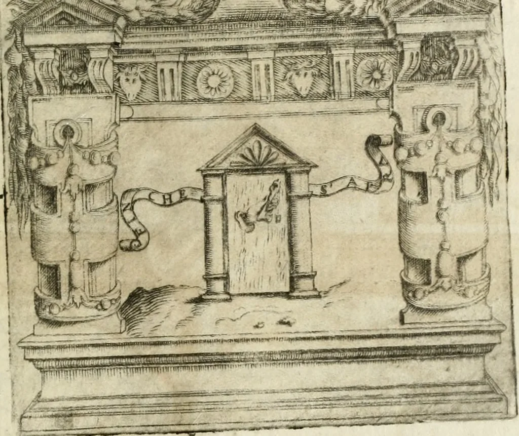 An illustration from Le imprese illustri : con espositioni et discorsi del Sor Ieronimo Ruscelli : al serenissimo et sempre felicissimo re Catolico Filippo D'Austaria : con la giunta di altre imprese tutto riordinato et corretto da Fran.co Patritio, 1572, leaf 578