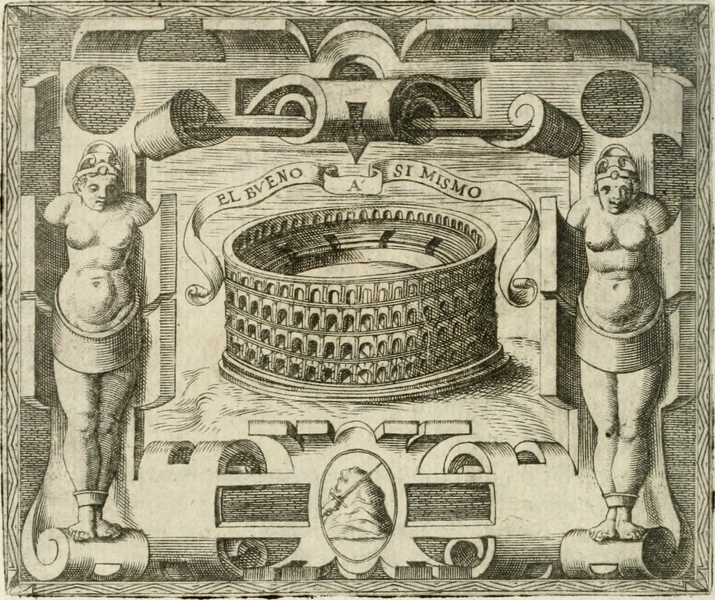 An illustration from Le imprese illustri : con espositioni et discorsi del Sor Ieronimo Ruscelli : al serenissimo et sempre felicissimo re Catolico Filippo D'Austaria : con la giunta di altre imprese tutto riordinato et corretto da Fran.co Patritio, 1572, leaf 585