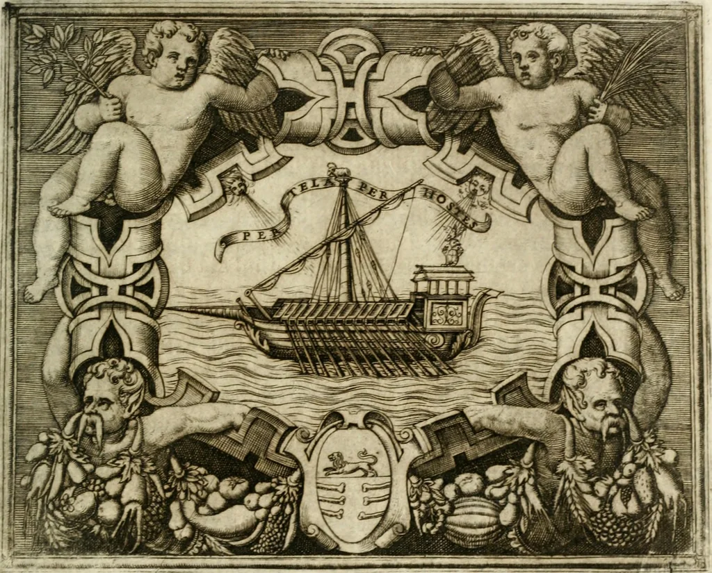 An illustration from Le imprese illustri : con espositioni et discorsi del Sor Ieronimo Ruscelli : al serenissimo et sempre felicissimo re Catolico Filippo D'Austaria : con la giunta di altre imprese tutto riordinato et corretto da Fran.co Patritio, 1572, leaf 588