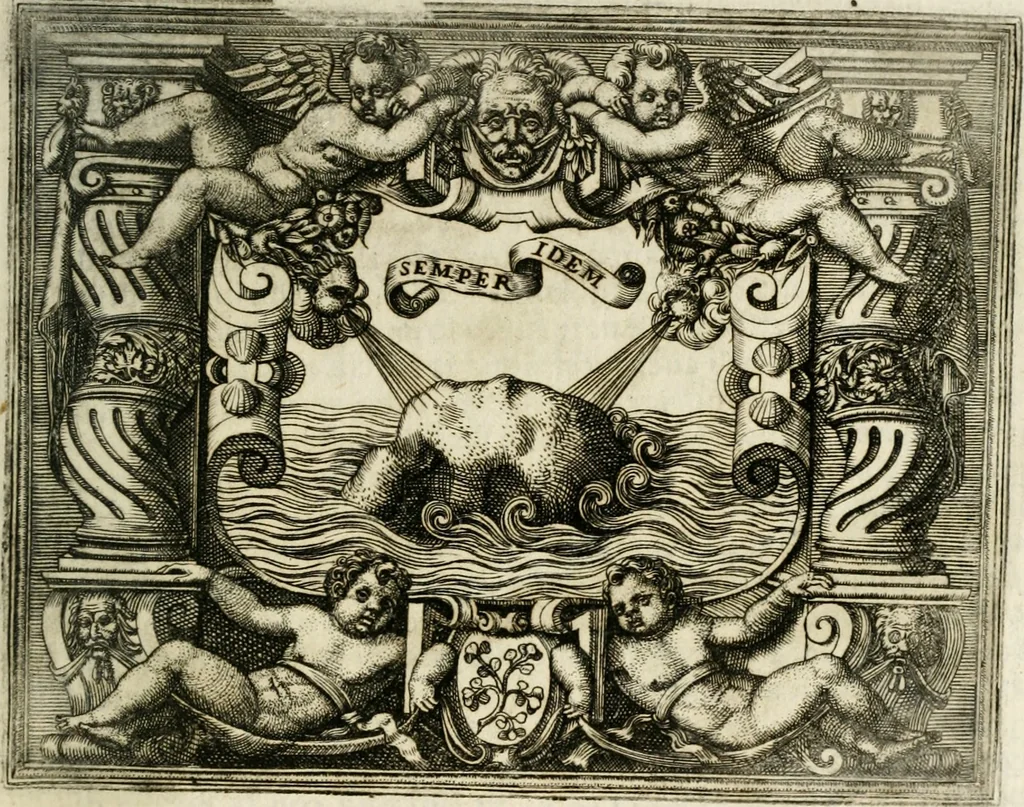 An illustration from Le imprese illustri : con espositioni et discorsi del Sor Ieronimo Ruscelli : al serenissimo et sempre felicissimo re Catolico Filippo D'Austaria : con la giunta di altre imprese tutto riordinato et corretto da Fran.co Patritio, 1572, leaf 592