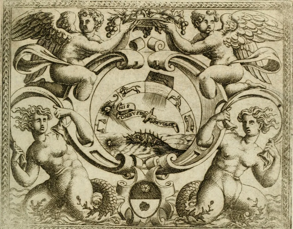 An illustration from Le imprese illustri : con espositioni et discorsi del Sor Ieronimo Ruscelli : al serenissimo et sempre felicissimo re Catolico Filippo D'Austaria : con la giunta di altre imprese tutto riordinato et corretto da Fran.co Patritio, 1572, leaf 602