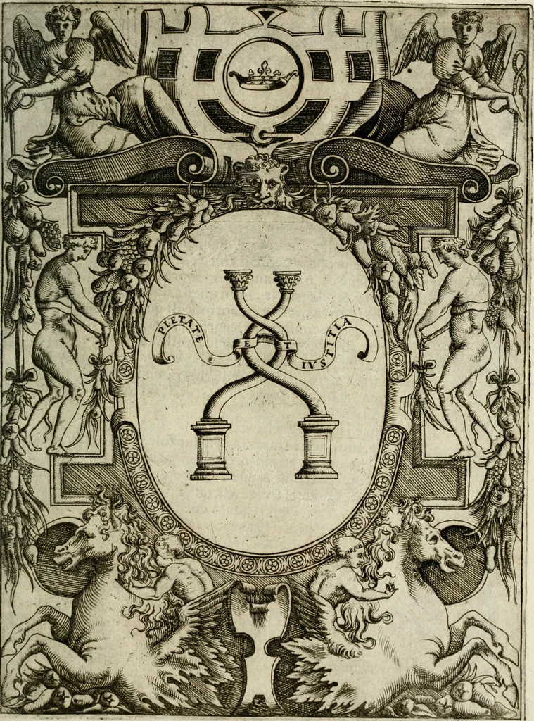 An illustration from Le imprese illustri : con espositioni et discorsi del Sor Ieronimo Ruscelli : al serenissimo et sempre felicissimo re Catolico Filippo D'Austaria : con la giunta di altre imprese tutto riordinato et corretto da Fran.co Patritio, 1572, leaf 82