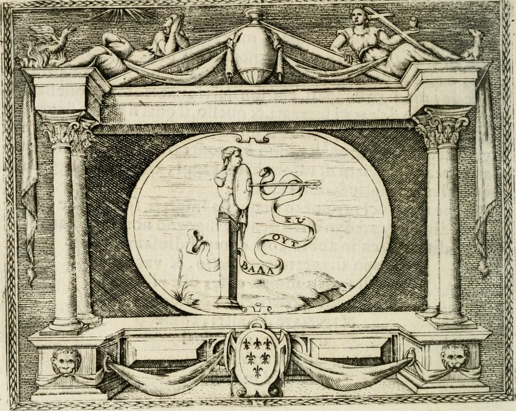 An illustration from Le imprese illustri : con espositioni et discorsi del Sor Ieronimo Ruscelli : al serenissimo et sempre felicissimo re Catolico Filippo D'Austaria : con la giunta di altre imprese tutto riordinato et corretto da Fran.co Patritio, 1572, leaf 97