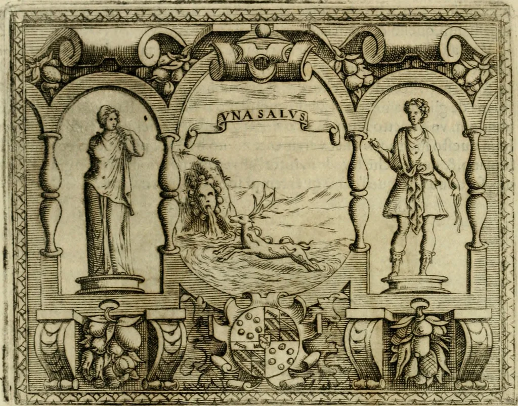 An illustration from Le imprese illvstri del s.or Ieronimo Rvscelli. Aggivntovi nvovam.te il qvarto libro da Vincenzo Rvscelli da Viterbo.., 1584, leaf 123
