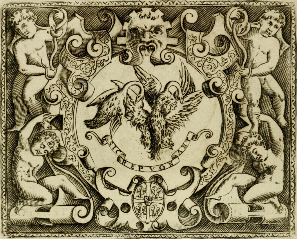 An illustration from Le imprese illvstri del s.or Ieronimo Rvscelli. Aggivntovi nvovam.te il qvarto libro da Vincenzo Rvscelli da Viterbo.., 1584, leaf 185