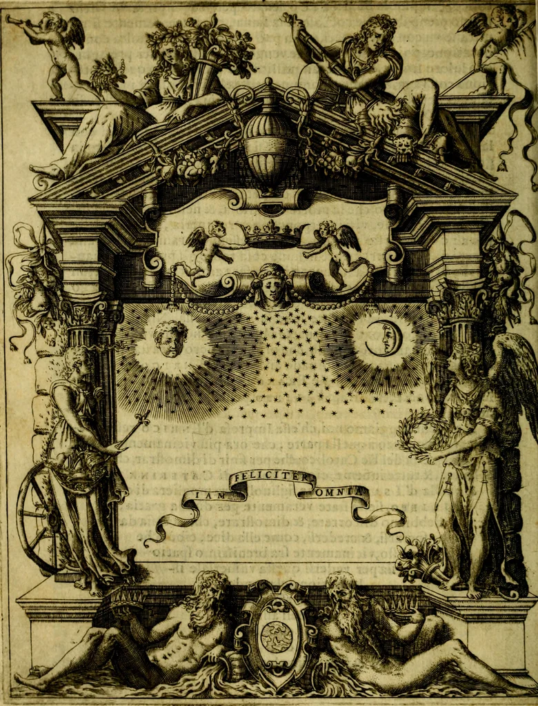 An illustration from Le imprese illvstri, con espositioni, et discorsi del S.or Ieronimo Rvscelli. Con la givnta di altre imprese tvtto riordinato et corretto da Fran.co Patritio, 1572, leaf 45