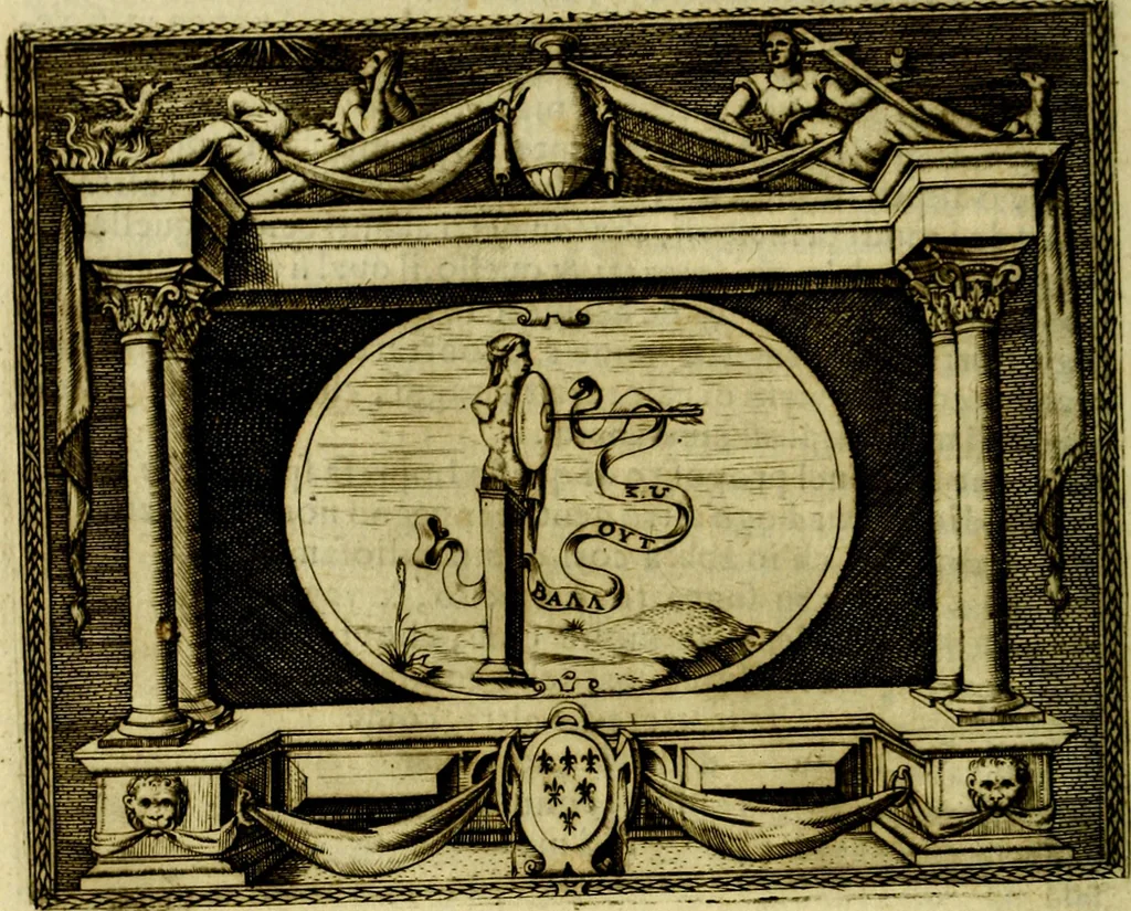 An illustration from Le imprese illvstri, con espositioni, et discorsi del S.or Ieronimo Rvscelli. Con la givnta di altre imprese tvtto riordinato et corretto da Fran.co Patritio, 1572, leaf 97
