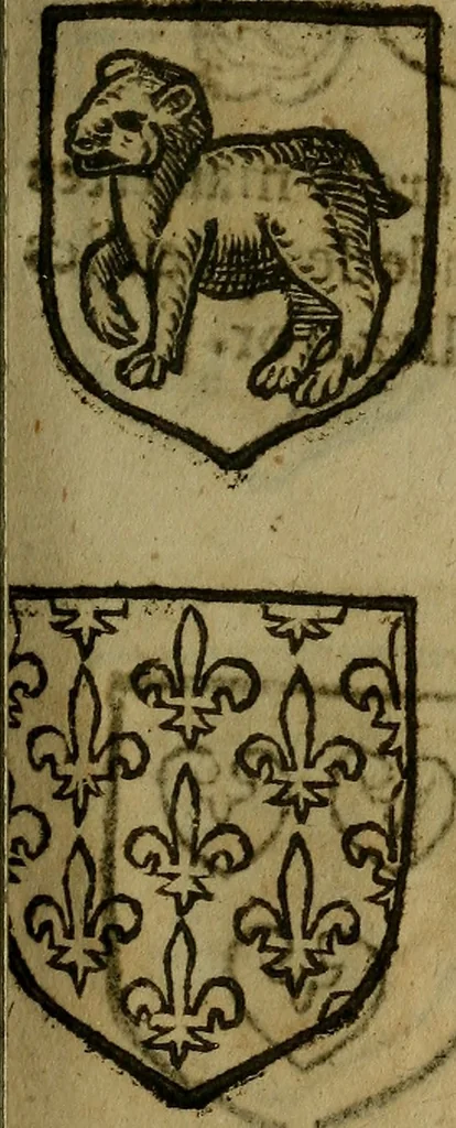 An illustration from Le jardin d'armoiries : contenant les armes de plusieurs nobles royaumes & maisons de Germanie Inferieure: oeuvre autant nouveau, que proufitable à tous amateurs du noble exercice d'armes. Den boomagert der wapenen, inhoudende wapenen van vele edele huysen van dese Nederlanden, en andere onliggende .., 1567, leaf 102