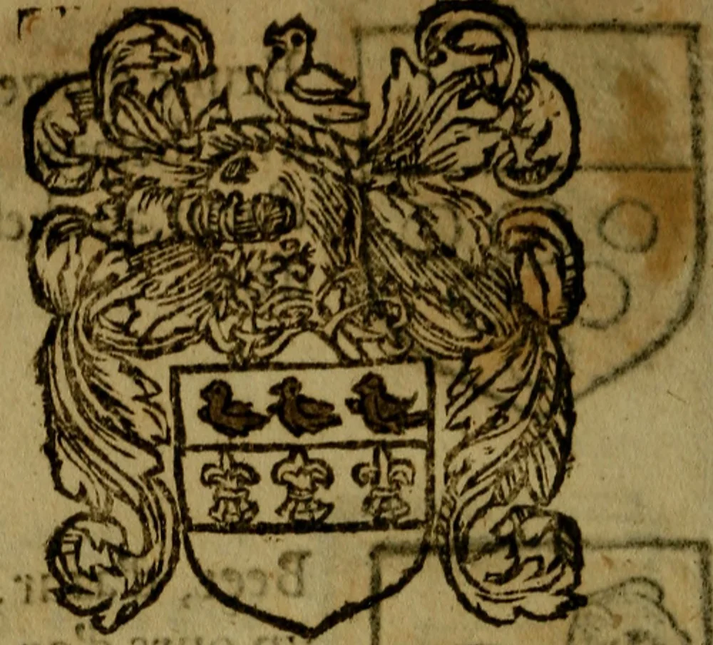 An illustration from Le jardin d'armoiries : contenant les armes de plusieurs nobles royaumes & maisons de Germanie Inferieure: oeuvre autant nouveau, que proufitable à tous amateurs du noble exercice d'armes. Den boomagert der wapenen, inhoudende wapenen van vele edele huysen van dese Nederlanden, en andere onliggende .., 1567, leaf 103
