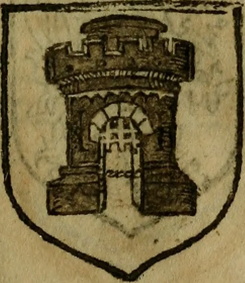 An illustration from Le jardin d'armoiries : contenant les armes de plusieurs nobles royaumes & maisons de Germanie Inferieure: oeuvre autant nouveau, que proufitable à tous amateurs du noble exercice d'armes. Den boomagert der wapenen, inhoudende wapenen van vele edele huysen van dese Nederlanden, en andere onliggende .., 1567, leaf 104