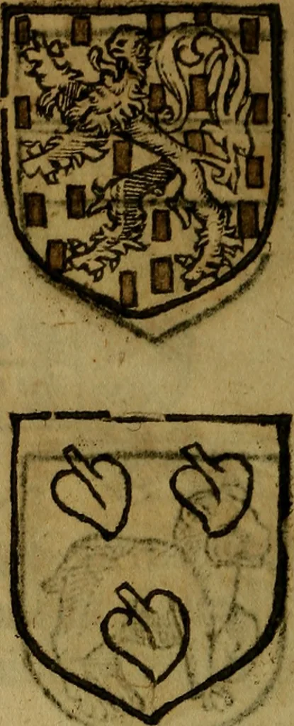 An illustration from Le jardin d'armoiries : contenant les armes de plusieurs nobles royaumes & maisons de Germanie Inferieure: oeuvre autant nouveau, que proufitable à tous amateurs du noble exercice d'armes. Den boomagert der wapenen, inhoudende wapenen van vele edele huysen van dese Nederlanden, en andere onliggende .., 1567, leaf 105