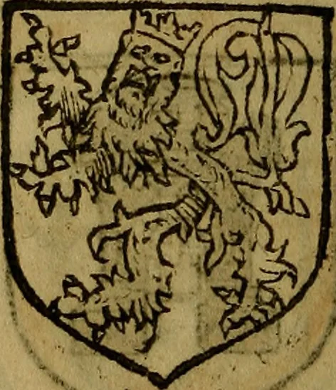 An illustration from Le jardin d'armoiries : contenant les armes de plusieurs nobles royaumes & maisons de Germanie Inferieure: oeuvre autant nouveau, que proufitable à tous amateurs du noble exercice d'armes. Den boomagert der wapenen, inhoudende wapenen van vele edele huysen van dese Nederlanden, en andere onliggende .., 1567, leaf 105