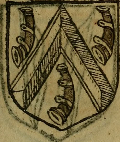 An illustration from Le jardin d'armoiries : contenant les armes de plusieurs nobles royaumes & maisons de Germanie Inferieure: oeuvre autant nouveau, que proufitable à tous amateurs du noble exercice d'armes. Den boomagert der wapenen, inhoudende wapenen van vele edele huysen van dese Nederlanden, en andere onliggende .., 1567, leaf 106