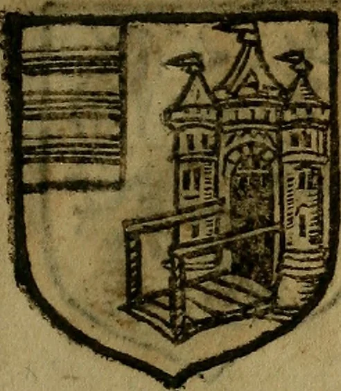 An illustration from Le jardin d'armoiries : contenant les armes de plusieurs nobles royaumes & maisons de Germanie Inferieure: oeuvre autant nouveau, que proufitable à tous amateurs du noble exercice d'armes. Den boomagert der wapenen, inhoudende wapenen van vele edele huysen van dese Nederlanden, en andere onliggende .., 1567, leaf 108