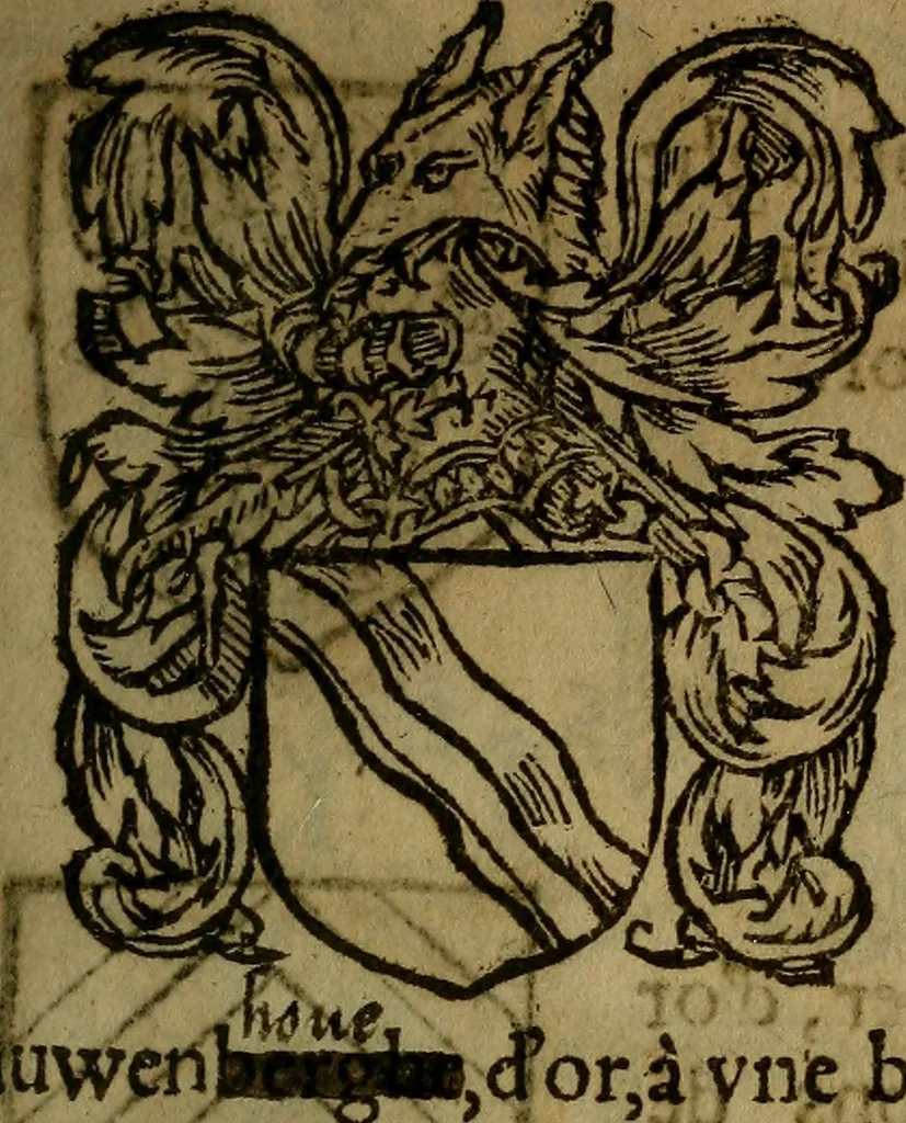 An illustration from Le jardin d'armoiries : contenant les armes de plusieurs nobles royaumes & maisons de Germanie Inferieure: oeuvre autant nouveau, que proufitable à tous amateurs du noble exercice d'armes. Den boomagert der wapenen, inhoudende wapenen van vele edele huysen van dese Nederlanden, en andere onliggende .., 1567, leaf 114
