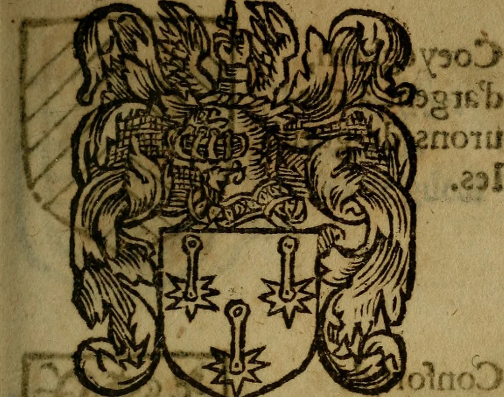 An illustration from Le jardin d'armoiries : contenant les armes de plusieurs nobles royaumes & maisons de Germanie Inferieure: oeuvre autant nouveau, que proufitable à tous amateurs du noble exercice d'armes. Den boomagert der wapenen, inhoudende wapenen van vele edele huysen van dese Nederlanden, en andere onliggende .., 1567, leaf 116
