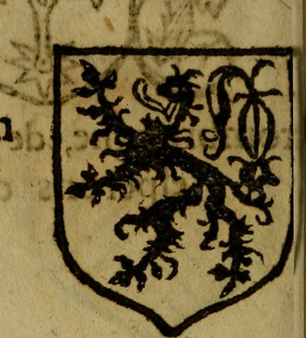 An illustration from Le jardin d'armoiries : contenant les armes de plusieurs nobles royaumes & maisons de Germanie Inferieure: oeuvre autant nouveau, que proufitable à tous amateurs du noble exercice d'armes. Den boomagert der wapenen, inhoudende wapenen van vele edele huysen van dese Nederlanden, en andere onliggende .., 1567, leaf 117