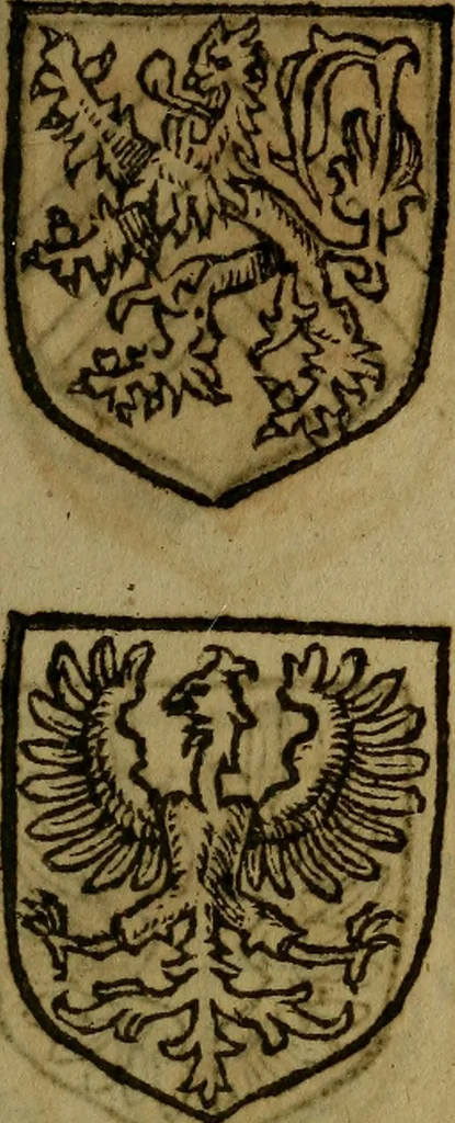 An illustration from Le jardin d'armoiries : contenant les armes de plusieurs nobles royaumes & maisons de Germanie Inferieure: oeuvre autant nouveau, que proufitable à tous amateurs du noble exercice d'armes. Den boomagert der wapenen, inhoudende wapenen van vele edele huysen van dese Nederlanden, en andere onliggende .., 1567, leaf 126