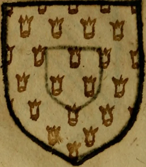 An illustration from Le jardin d'armoiries : contenant les armes de plusieurs nobles royaumes & maisons de Germanie Inferieure: oeuvre autant nouveau, que proufitable à tous amateurs du noble exercice d'armes. Den boomagert der wapenen, inhoudende wapenen van vele edele huysen van dese Nederlanden, en andere onliggende .., 1567, leaf 129