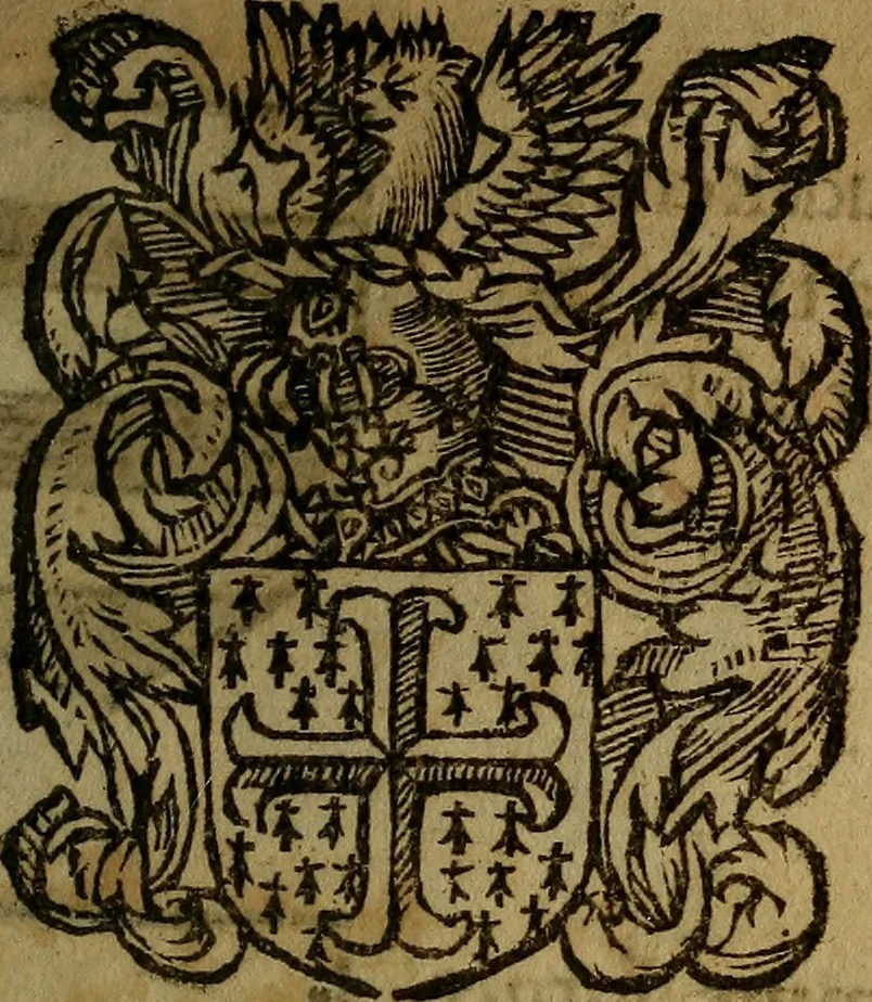 An illustration from Le jardin d'armoiries : contenant les armes de plusieurs nobles royaumes & maisons de Germanie Inferieure: oeuvre autant nouveau, que proufitable à tous amateurs du noble exercice d'armes. Den boomagert der wapenen, inhoudende wapenen van vele edele huysen van dese Nederlanden, en andere onliggende .., 1567, leaf 132
