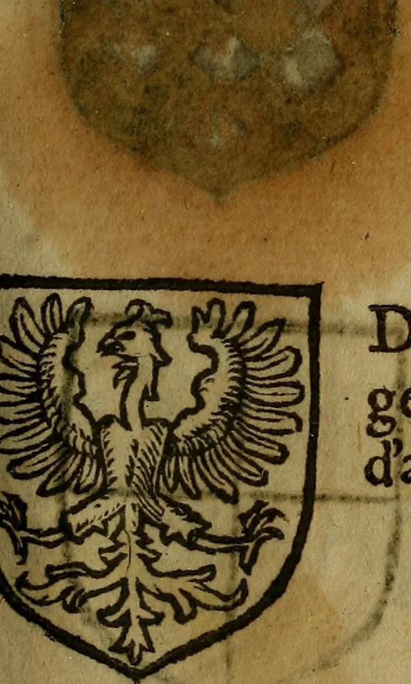 An illustration from Le jardin d'armoiries : contenant les armes de plusieurs nobles royaumes & maisons de Germanie Inferieure: oeuvre autant nouveau, que proufitable à tous amateurs du noble exercice d'armes. Den boomagert der wapenen, inhoudende wapenen van vele edele huysen van dese Nederlanden, en andere onliggende .., 1567, leaf 134