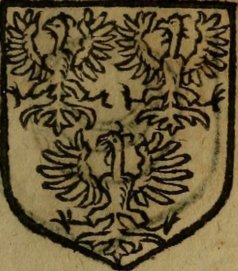 An illustration from Le jardin d'armoiries : contenant les armes de plusieurs nobles royaumes & maisons de Germanie Inferieure: oeuvre autant nouveau, que proufitable à tous amateurs du noble exercice d'armes. Den boomagert der wapenen, inhoudende wapenen van vele edele huysen van dese Nederlanden, en andere onliggende .., 1567, leaf 142