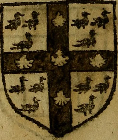 An illustration from Le jardin d'armoiries : contenant les armes de plusieurs nobles royaumes & maisons de Germanie Inferieure: oeuvre autant nouveau, que proufitable à tous amateurs du noble exercice d'armes. Den boomagert der wapenen, inhoudende wapenen van vele edele huysen van dese Nederlanden, en andere onliggende .., 1567, leaf 143
