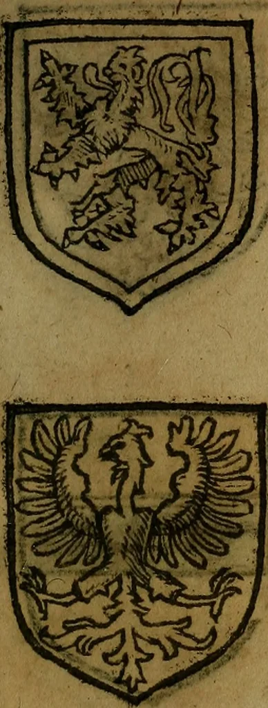 An illustration from Le jardin d'armoiries : contenant les armes de plusieurs nobles royaumes & maisons de Germanie Inferieure: oeuvre autant nouveau, que proufitable à tous amateurs du noble exercice d'armes. Den boomagert der wapenen, inhoudende wapenen van vele edele huysen van dese Nederlanden, en andere onliggende .., 1567, leaf 146