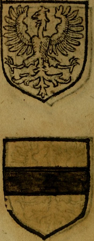 An illustration from Le jardin d'armoiries : contenant les armes de plusieurs nobles royaumes & maisons de Germanie Inferieure: oeuvre autant nouveau, que proufitable à tous amateurs du noble exercice d'armes. Den boomagert der wapenen, inhoudende wapenen van vele edele huysen van dese Nederlanden, en andere onliggende .., 1567, leaf 147
