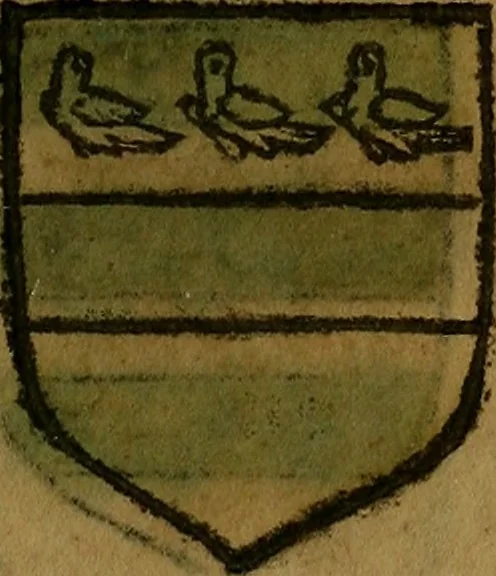 An illustration from Le jardin d'armoiries : contenant les armes de plusieurs nobles royaumes & maisons de Germanie Inferieure: oeuvre autant nouveau, que proufitable à tous amateurs du noble exercice d'armes. Den boomagert der wapenen, inhoudende wapenen van vele edele huysen van dese Nederlanden, en andere onliggende .., 1567, leaf 148