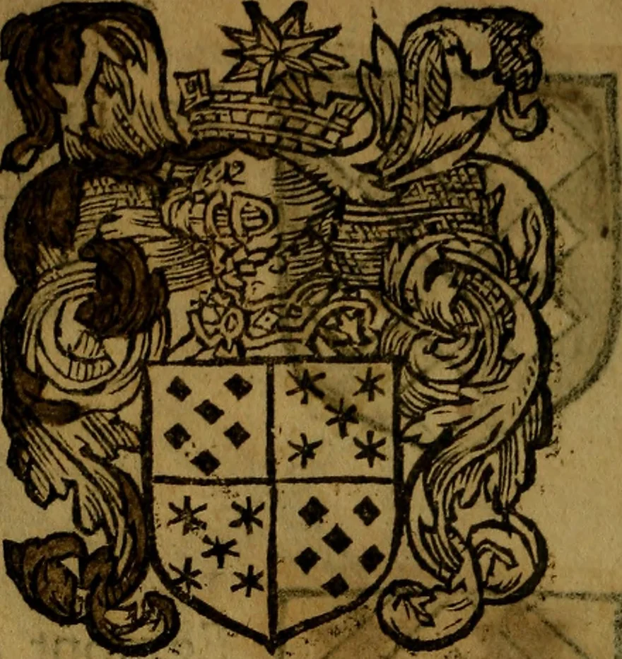 An illustration from Le jardin d'armoiries : contenant les armes de plusieurs nobles royaumes & maisons de Germanie Inferieure: oeuvre autant nouveau, que proufitable à tous amateurs du noble exercice d'armes. Den boomagert der wapenen, inhoudende wapenen van vele edele huysen van dese Nederlanden, en andere onliggende .., 1567, leaf 153