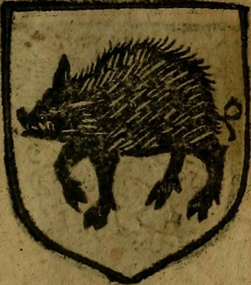 An illustration from Le jardin d'armoiries : contenant les armes de plusieurs nobles royaumes & maisons de Germanie Inferieure: oeuvre autant nouveau, que proufitable à tous amateurs du noble exercice d'armes. Den boomagert der wapenen, inhoudende wapenen van vele edele huysen van dese Nederlanden, en andere onliggende .., 1567, leaf 154