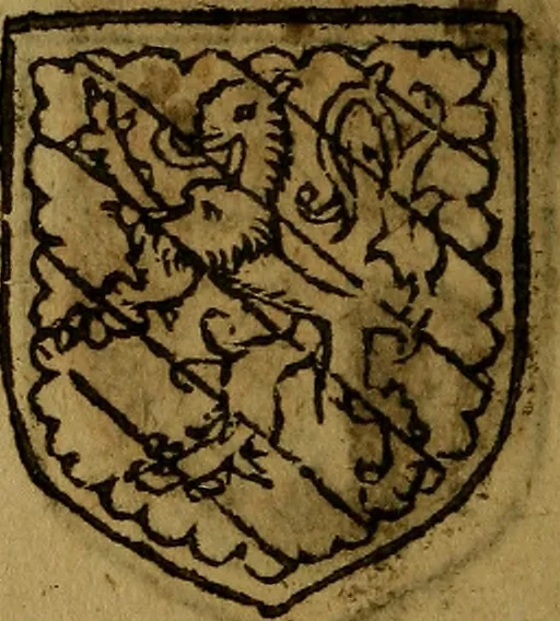 An illustration from Le jardin d'armoiries : contenant les armes de plusieurs nobles royaumes & maisons de Germanie Inferieure: oeuvre autant nouveau, que proufitable à tous amateurs du noble exercice d'armes. Den boomagert der wapenen, inhoudende wapenen van vele edele huysen van dese Nederlanden, en andere onliggende .., 1567, leaf 157