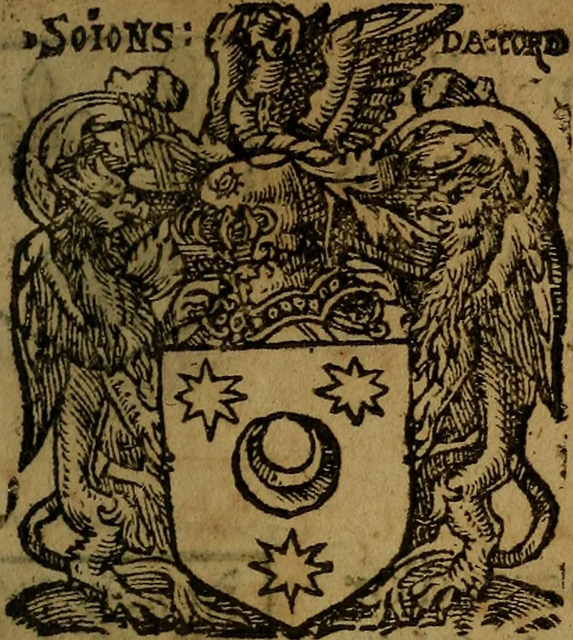 An illustration from Le jardin d'armoiries : contenant les armes de plusieurs nobles royaumes & maisons de Germanie Inferieure: oeuvre autant nouveau, que proufitable à tous amateurs du noble exercice d'armes. Den boomagert der wapenen, inhoudende wapenen van vele edele huysen van dese Nederlanden, en andere onliggende .., 1567, leaf 158