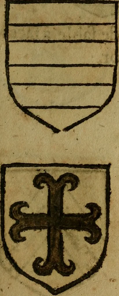 An illustration from Le jardin d'armoiries : contenant les armes de plusieurs nobles royaumes & maisons de Germanie Inferieure: oeuvre autant nouveau, que proufitable à tous amateurs du noble exercice d'armes. Den boomagert der wapenen, inhoudende wapenen van vele edele huysen van dese Nederlanden, en andere onliggende .., 1567, leaf 164
