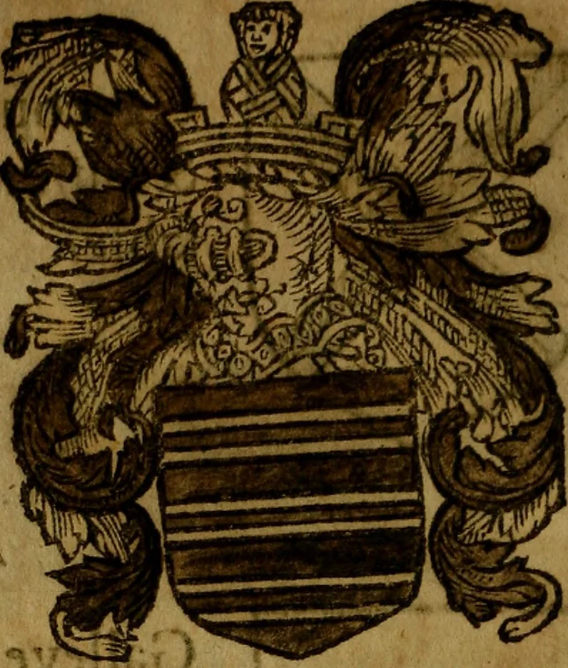 An illustration from Le jardin d'armoiries : contenant les armes de plusieurs nobles royaumes & maisons de Germanie Inferieure: oeuvre autant nouveau, que proufitable à tous amateurs du noble exercice d'armes. Den boomagert der wapenen, inhoudende wapenen van vele edele huysen van dese Nederlanden, en andere onliggende .., 1567, leaf 165