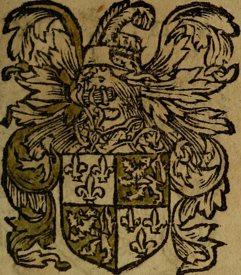 An illustration from Le jardin d'armoiries : contenant les armes de plusieurs nobles royaumes & maisons de Germanie Inferieure: oeuvre autant nouveau, que proufitable à tous amateurs du noble exercice d'armes. Den boomagert der wapenen, inhoudende wapenen van vele edele huysen van dese Nederlanden, en andere onliggende .., 1567, leaf 176