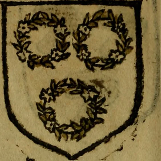 An illustration from Le jardin d'armoiries : contenant les armes de plusieurs nobles royaumes & maisons de Germanie Inferieure: oeuvre autant nouveau, que proufitable à tous amateurs du noble exercice d'armes. Den boomagert der wapenen, inhoudende wapenen van vele edele huysen van dese Nederlanden, en andere onliggende .., 1567, leaf 183