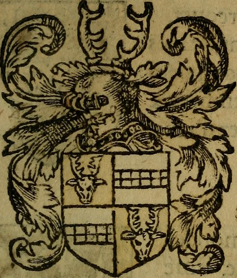 An illustration from Le jardin d'armoiries : contenant les armes de plusieurs nobles royaumes & maisons de Germanie Inferieure: oeuvre autant nouveau, que proufitable à tous amateurs du noble exercice d'armes. Den boomagert der wapenen, inhoudende wapenen van vele edele huysen van dese Nederlanden, en andere onliggende .., 1567, leaf 184