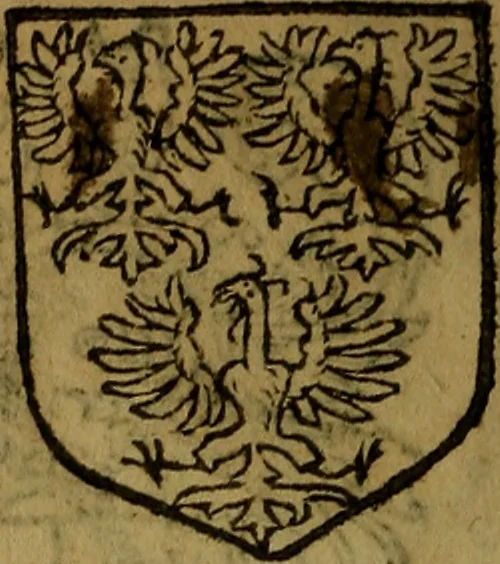 An illustration from Le jardin d'armoiries : contenant les armes de plusieurs nobles royaumes & maisons de Germanie Inferieure: oeuvre autant nouveau, que proufitable à tous amateurs du noble exercice d'armes. Den boomagert der wapenen, inhoudende wapenen van vele edele huysen van dese Nederlanden, en andere onliggende .., 1567, leaf 185
