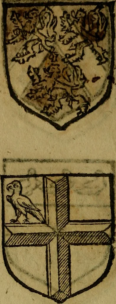 An illustration from Le jardin d'armoiries : contenant les armes de plusieurs nobles royaumes & maisons de Germanie Inferieure: oeuvre autant nouveau, que proufitable à tous amateurs du noble exercice d'armes. Den boomagert der wapenen, inhoudende wapenen van vele edele huysen van dese Nederlanden, en andere onliggende .., 1567, leaf 195