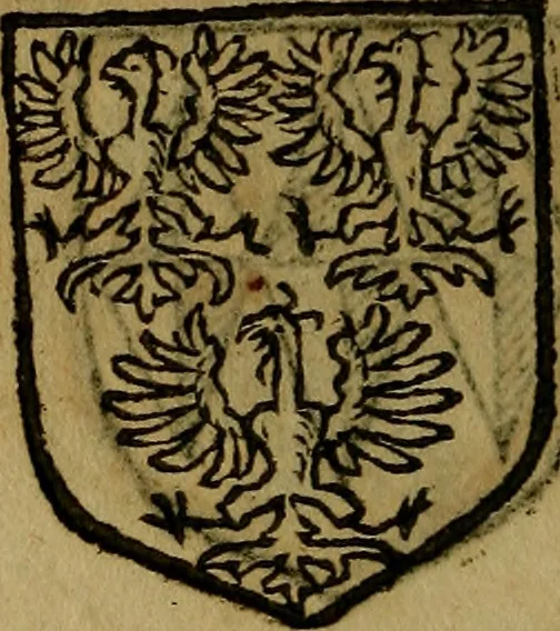 An illustration from Le jardin d'armoiries : contenant les armes de plusieurs nobles royaumes & maisons de Germanie Inferieure: oeuvre autant nouveau, que proufitable à tous amateurs du noble exercice d'armes. Den boomagert der wapenen, inhoudende wapenen van vele edele huysen van dese Nederlanden, en andere onliggende .., 1567, leaf 199